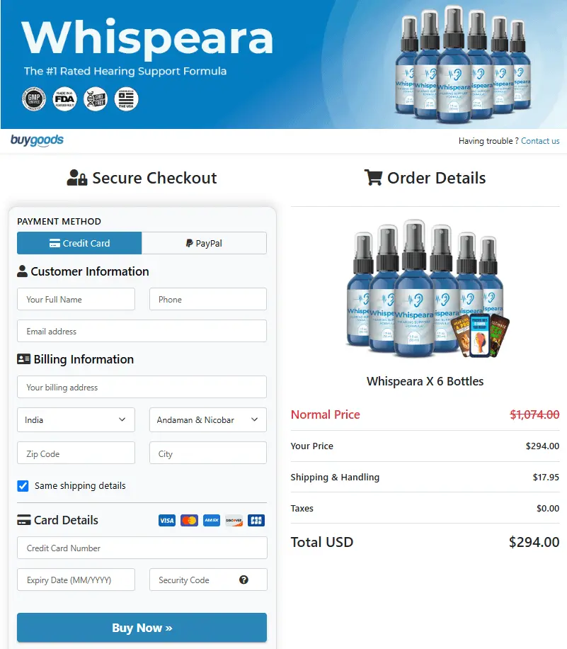 Whispeara order page